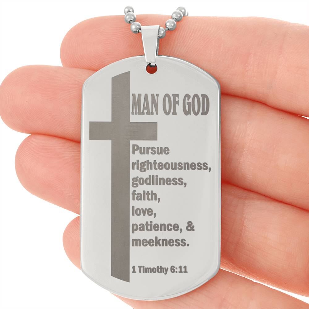 Man of God Pursuing 1 Timothy 6.11 Engraved Dog Tag Necklace Stainless Steel or 18k Gold w 24" Chain-Express Your Love Gifts