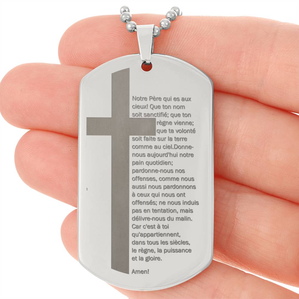 Lord's Prayer French Notre Père Dogtag Engraved Dog Tag Necklace Stainless Steel or 18k Gold w 24" Chain-Express Your Love Gifts