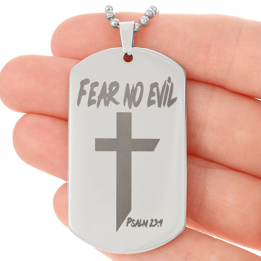 Fear No Evil Psalm 23.4 Engraved Dog Tag Necklace Stainless Steel or 18k Gold w 24" Chain-Express Your Love Gifts