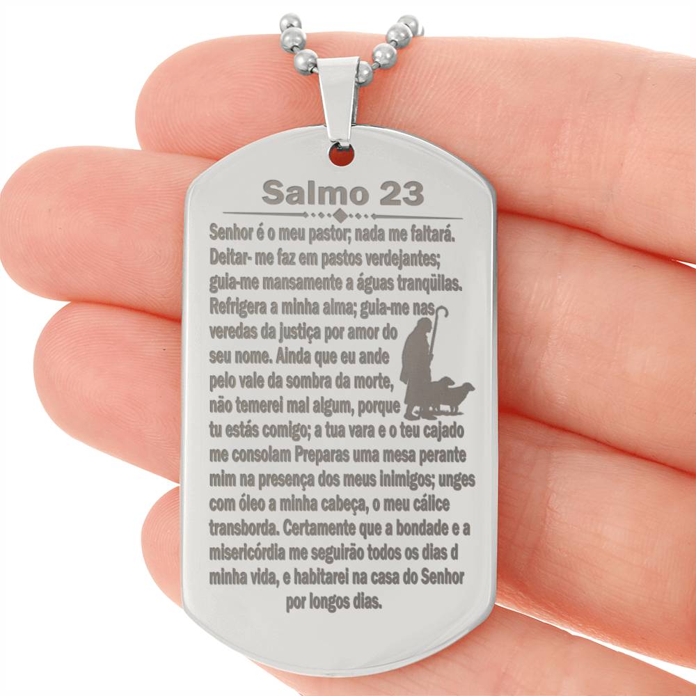 Psalm 23 Portuguese Salmo 23 Engraved Dog Tag Necklace Stainless Steel or 18k Gold w 24" Chain-Express Your Love Gifts