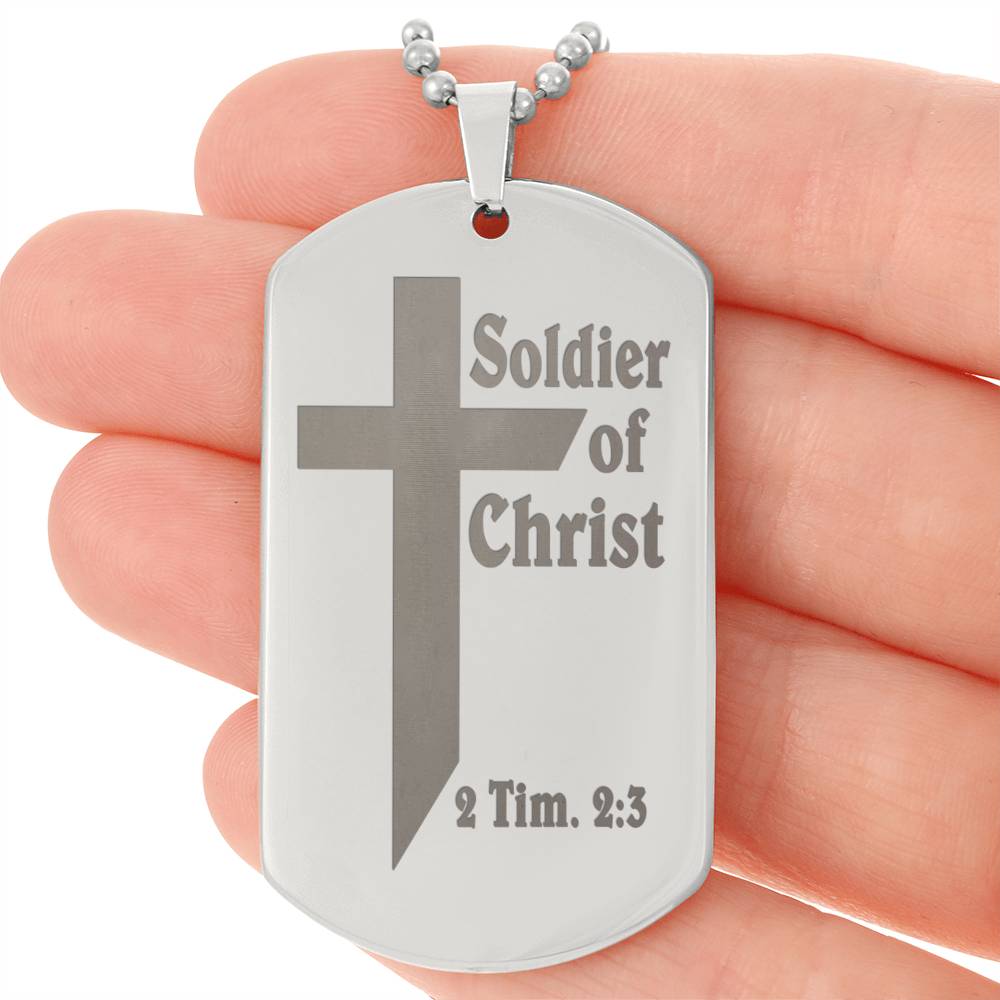 Soldier of Christ 2 Tim 2 3 Engraved Dog Tag Necklace Stainless Steel or 18k Gold w 24" Chain-Express Your Love Gifts