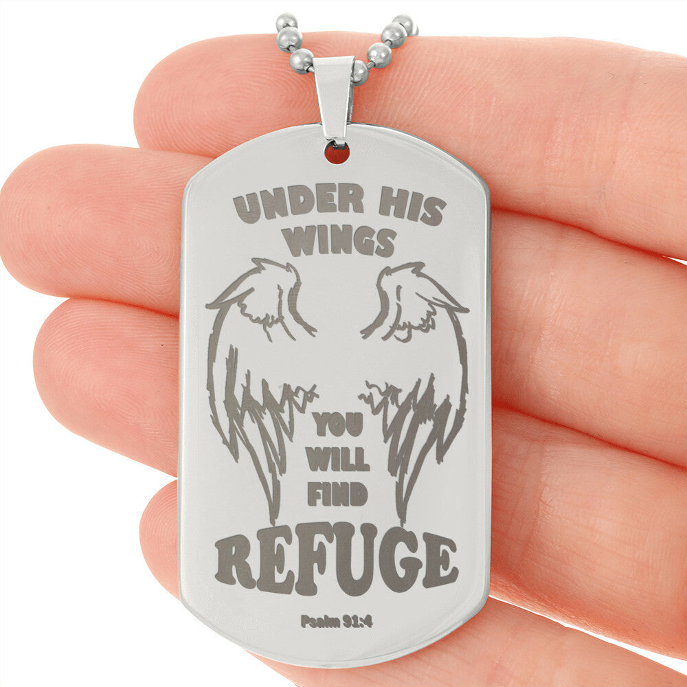 Psalm 91 Refuge Under His Wings Engraved Dog Tag Necklace Stainless Steel or 18k Gold w 24" Chain-Express Your Love Gifts