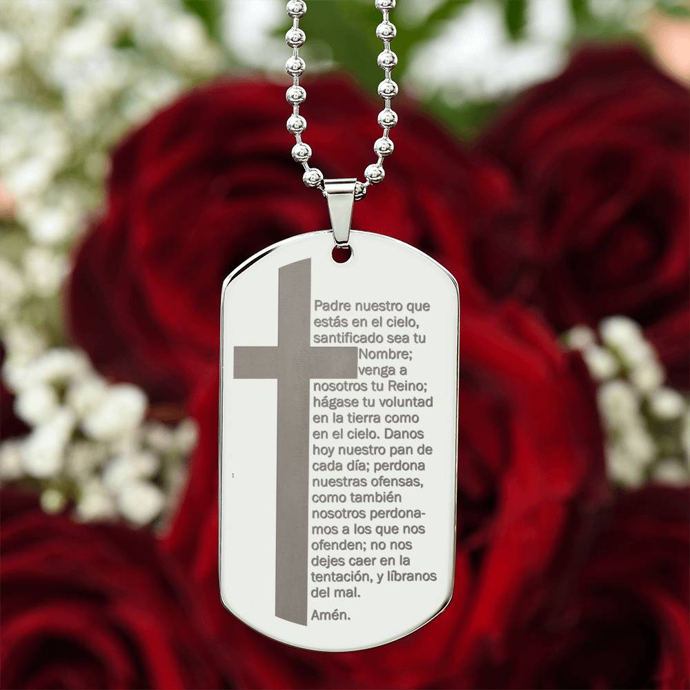 Lords Prayer Spanish Padre Nuestro Engraved Dog Tag Necklace Stainless Steel or 18k Gold w 24" Chain-Express Your Love Gifts