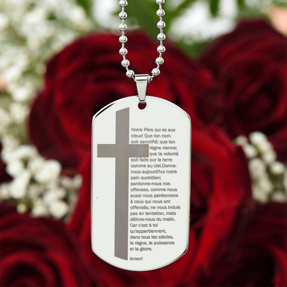 Lord's Prayer French Notre Père Dogtag Engraved Dog Tag Necklace Stainless Steel or 18k Gold w 24" Chain-Express Your Love Gifts