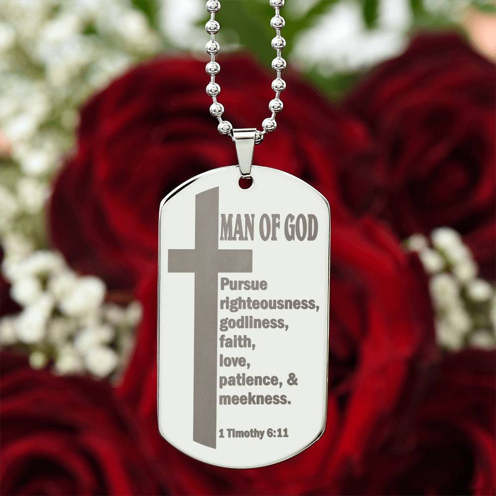 Man of God Pursuing 1 Timothy 6.11 Engraved Dog Tag Necklace Stainless Steel or 18k Gold w 24" Chain-Express Your Love Gifts
