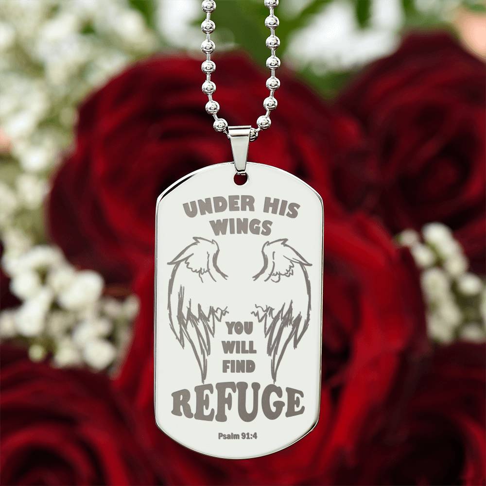 Psalm 91 Refuge Under His Wings Engraved Dog Tag Necklace Stainless Steel or 18k Gold w 24" Chain-Express Your Love Gifts