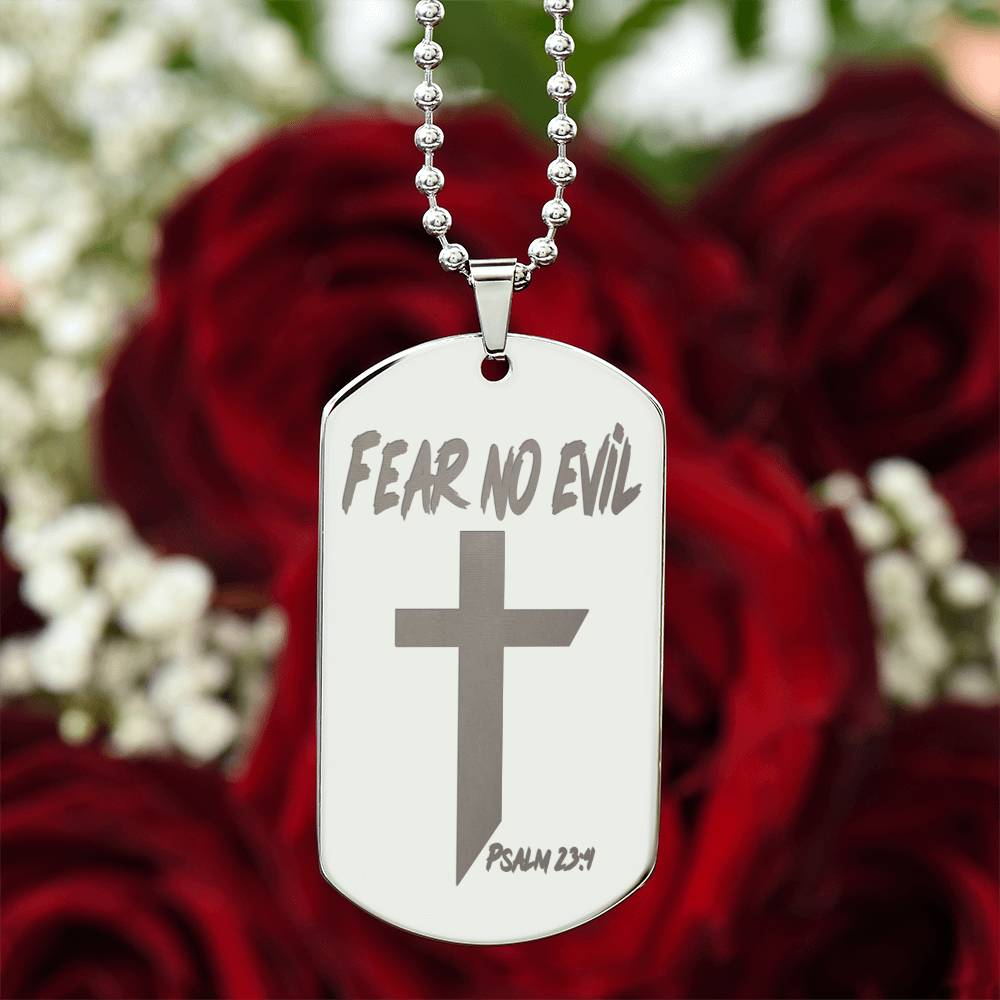 Fear No Evil Psalm 23.4 Engraved Dog Tag Necklace Stainless Steel or 18k Gold w 24" Chain-Express Your Love Gifts