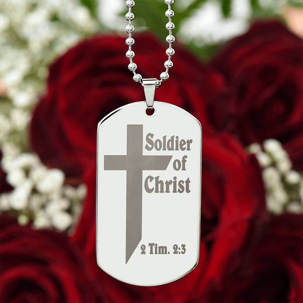 Soldier of Christ 2 Tim 2 3 Engraved Dog Tag Necklace Stainless Steel or 18k Gold w 24" Chain-Express Your Love Gifts