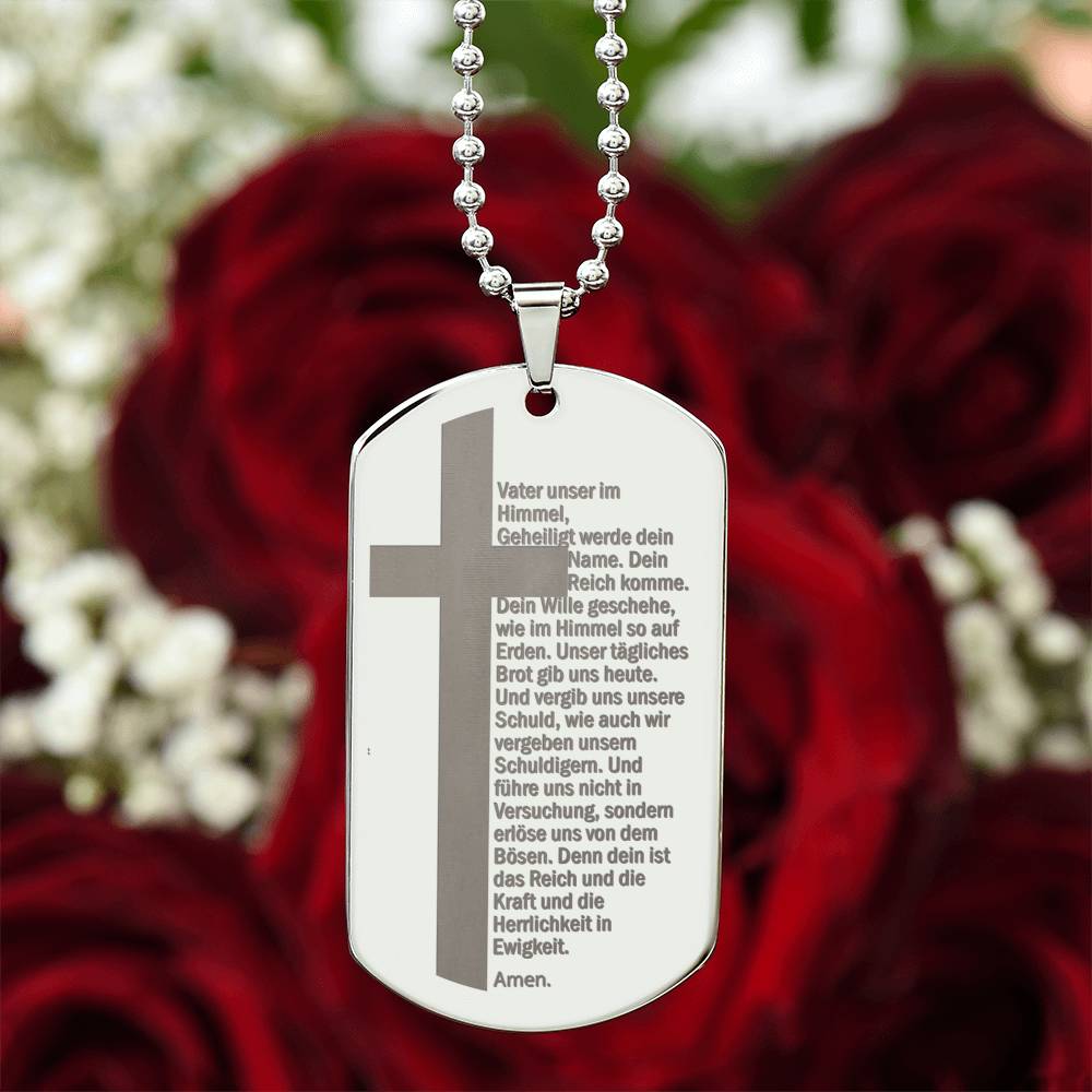 Lord's Prayer German Vater Unser Engraved Dog Tag Necklace Stainless Steel or 18k Gold w 24" Chain-Express Your Love Gifts