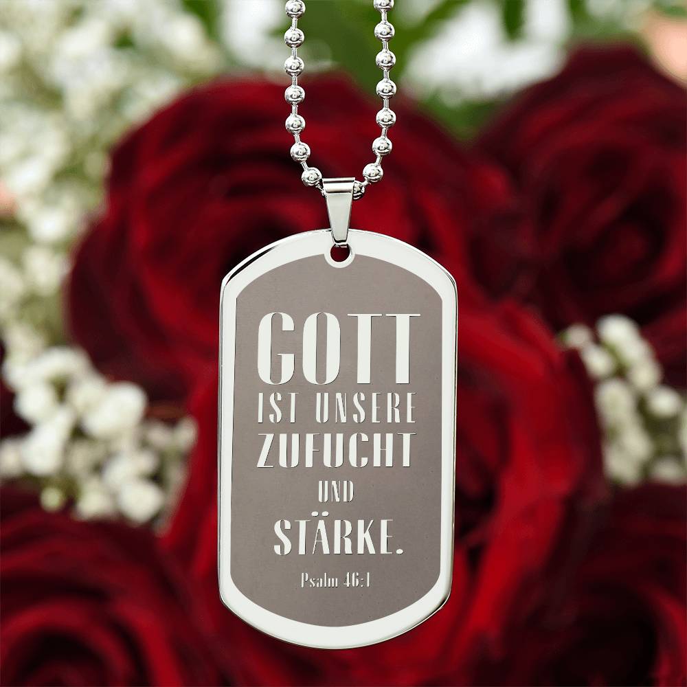 Psalm 46:10 God is Our Refuge and Strength German Engraved Dog Tag Bible Necklace Stainless Steel or 18k Gold w 24" Chain