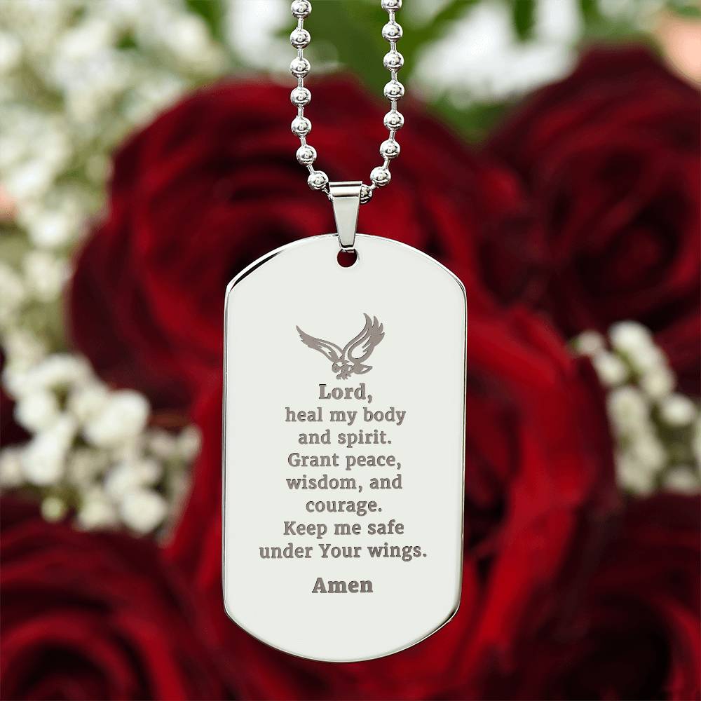 Veterans Prayer Engraved Dog Tag Bible Necklace Stainless Steel or 18k Gold w 24" Chain