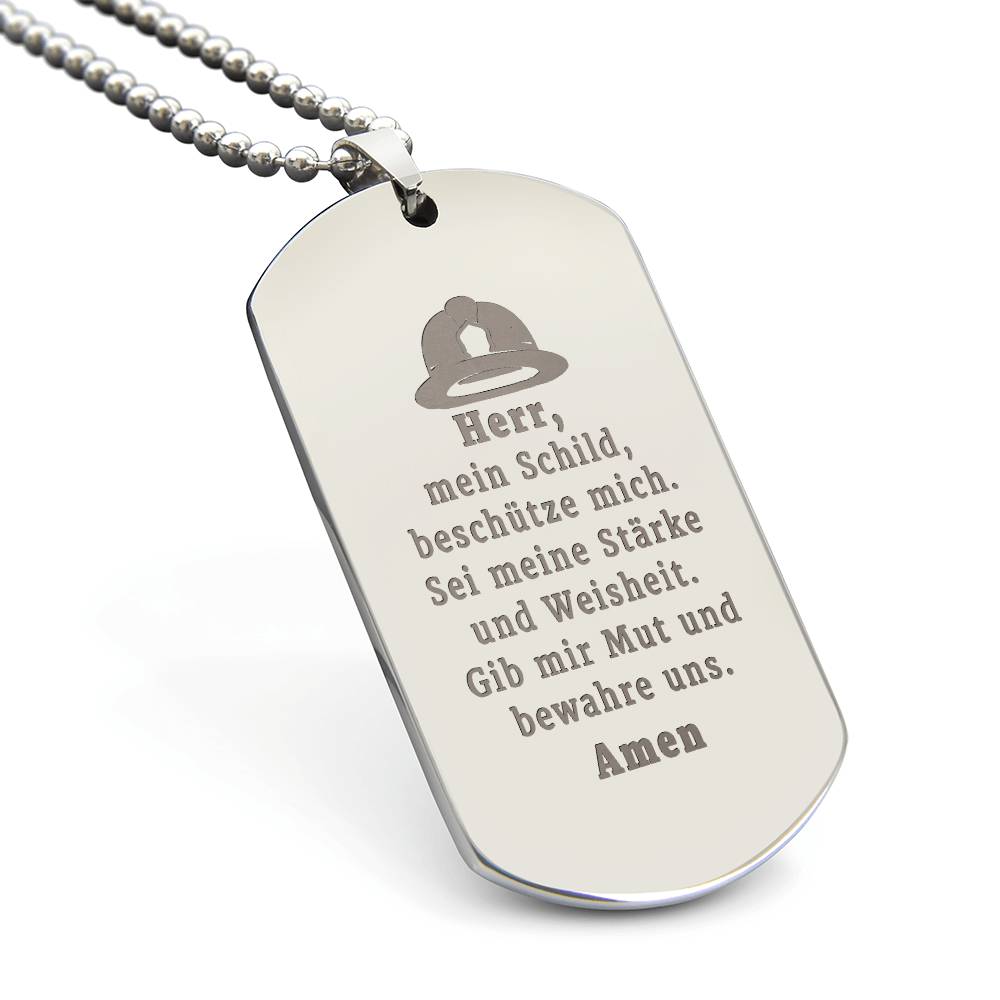 Feuerwehrmann German Firefighter Prayer Engraved Dog Tag Bible Necklace Stainless Steel or 18k Gold w 24" Chain