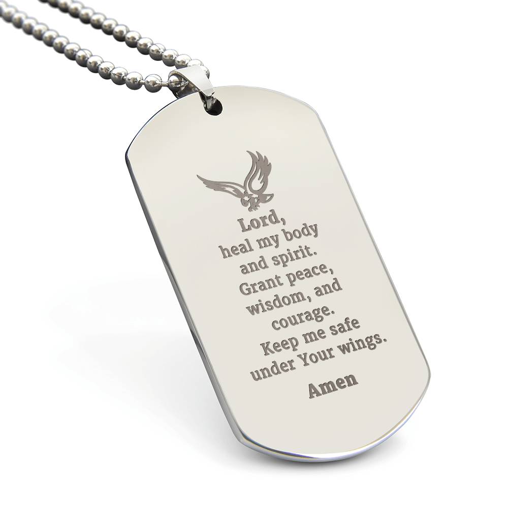 Veterans Prayer Engraved Dog Tag Bible Necklace Stainless Steel or 18k Gold w 24" Chain