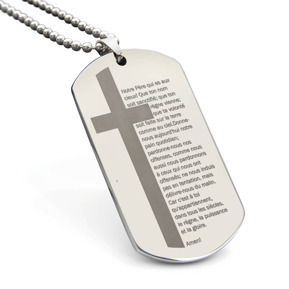 Lord's Prayer French Notre Père Dogtag Engraved Dog Tag Necklace Stainless Steel or 18k Gold w 24" Chain-Express Your Love Gifts
