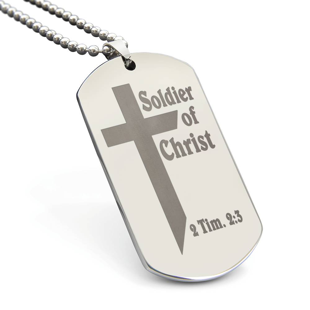 Soldier of Christ 2 Tim 2 3 Engraved Dog Tag Necklace Stainless Steel or 18k Gold w 24" Chain-Express Your Love Gifts