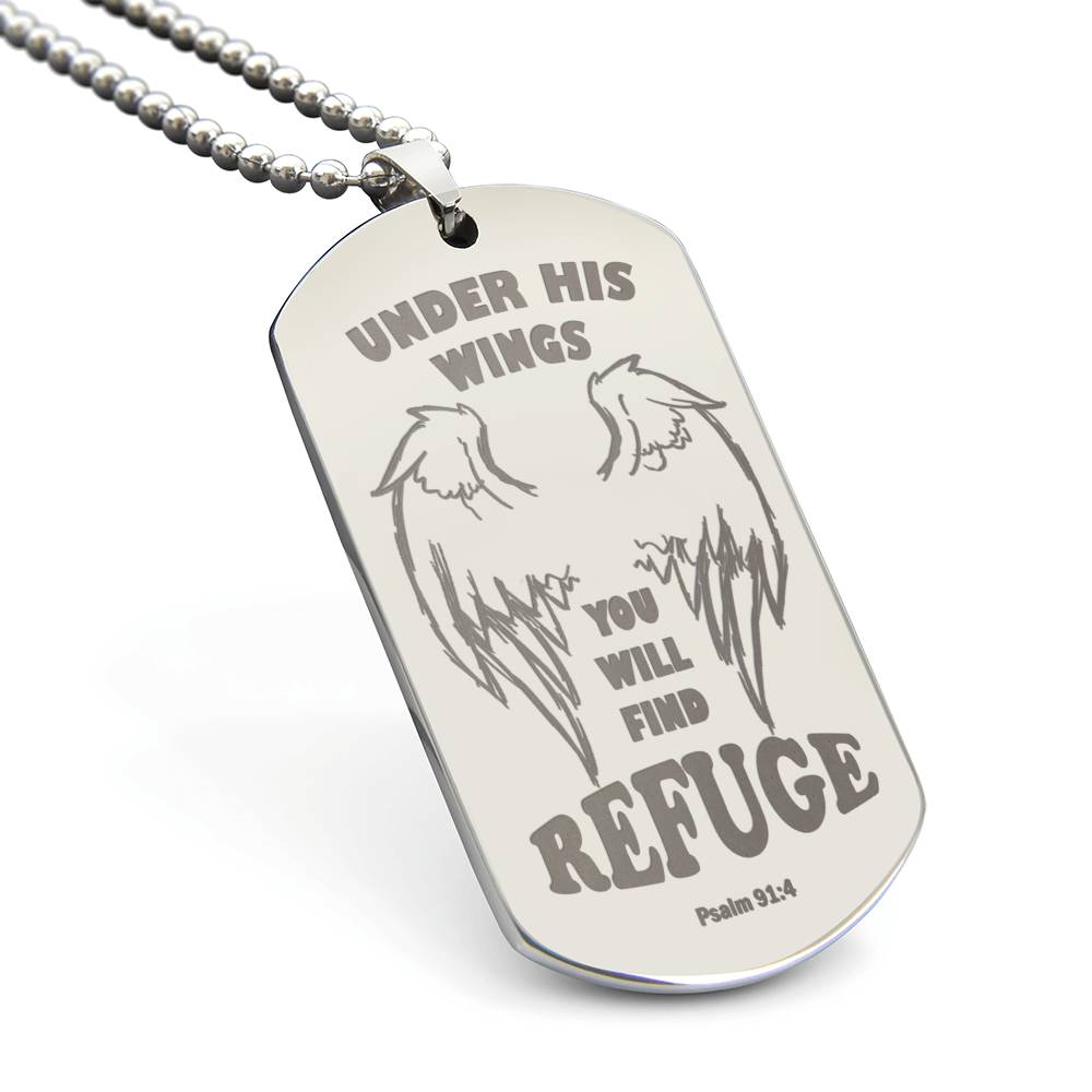 Psalm 91 Refuge Under His Wings Engraved Dog Tag Necklace Stainless Steel or 18k Gold w 24" Chain-Express Your Love Gifts