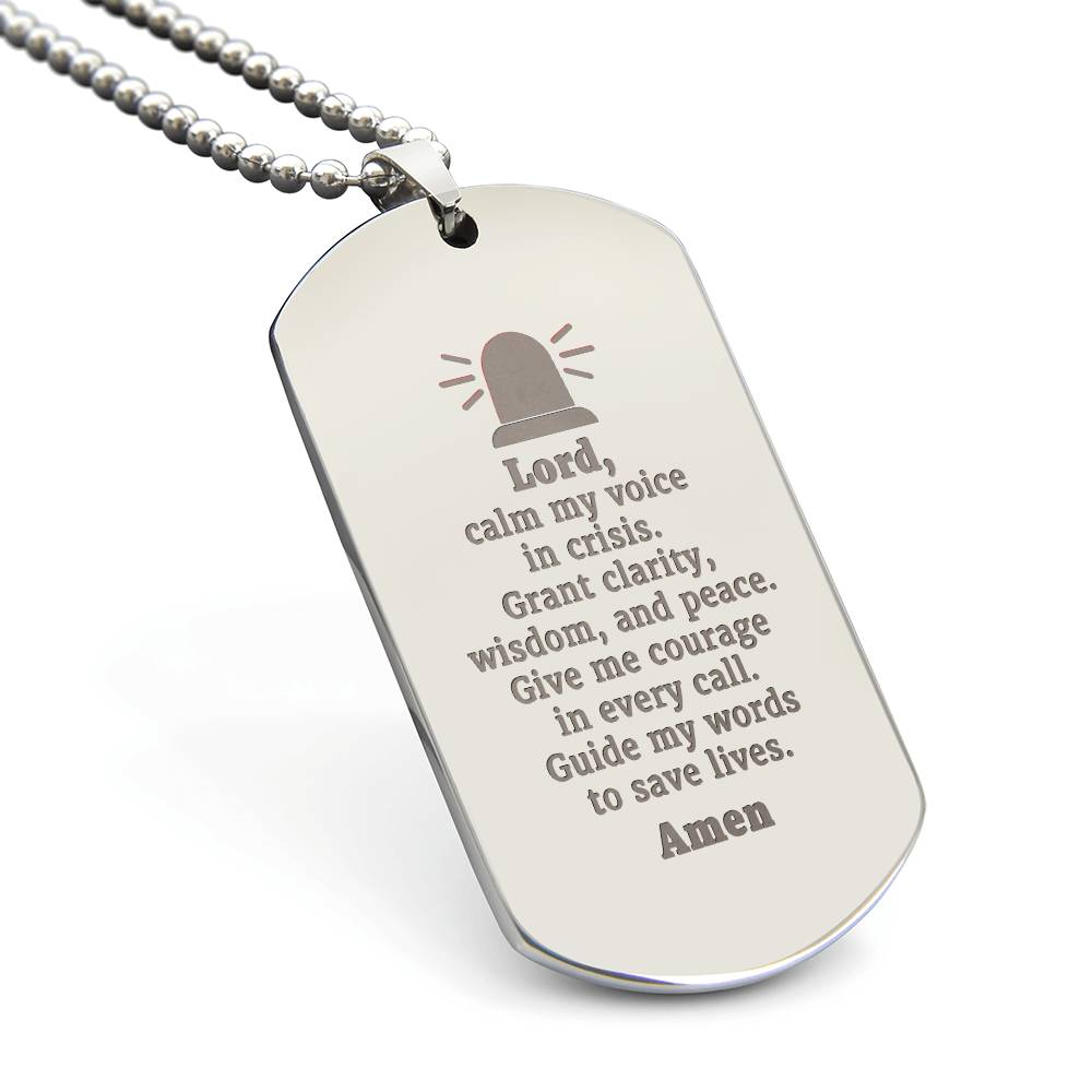 Dispatcher's Prayer Engraved Dog Tag Bible Necklace Stainless Steel or 18k Gold w 24" Chain