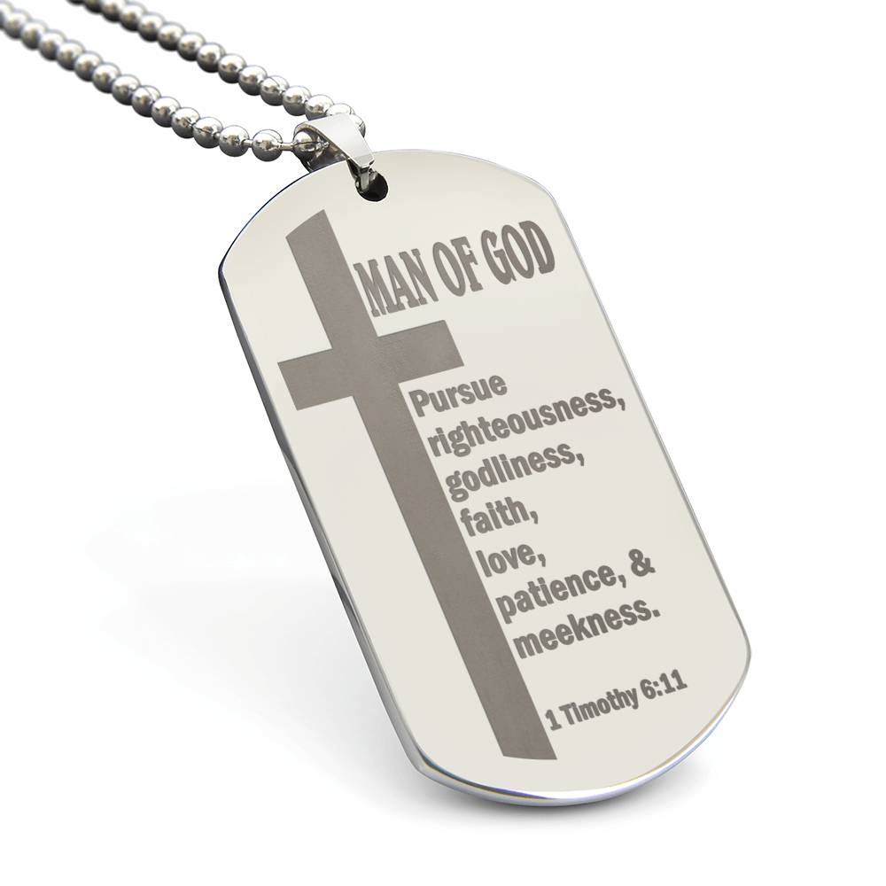 Man of God Pursuing 1 Timothy 6.11 Engraved Dog Tag Necklace Stainless Steel or 18k Gold w 24" Chain-Express Your Love Gifts
