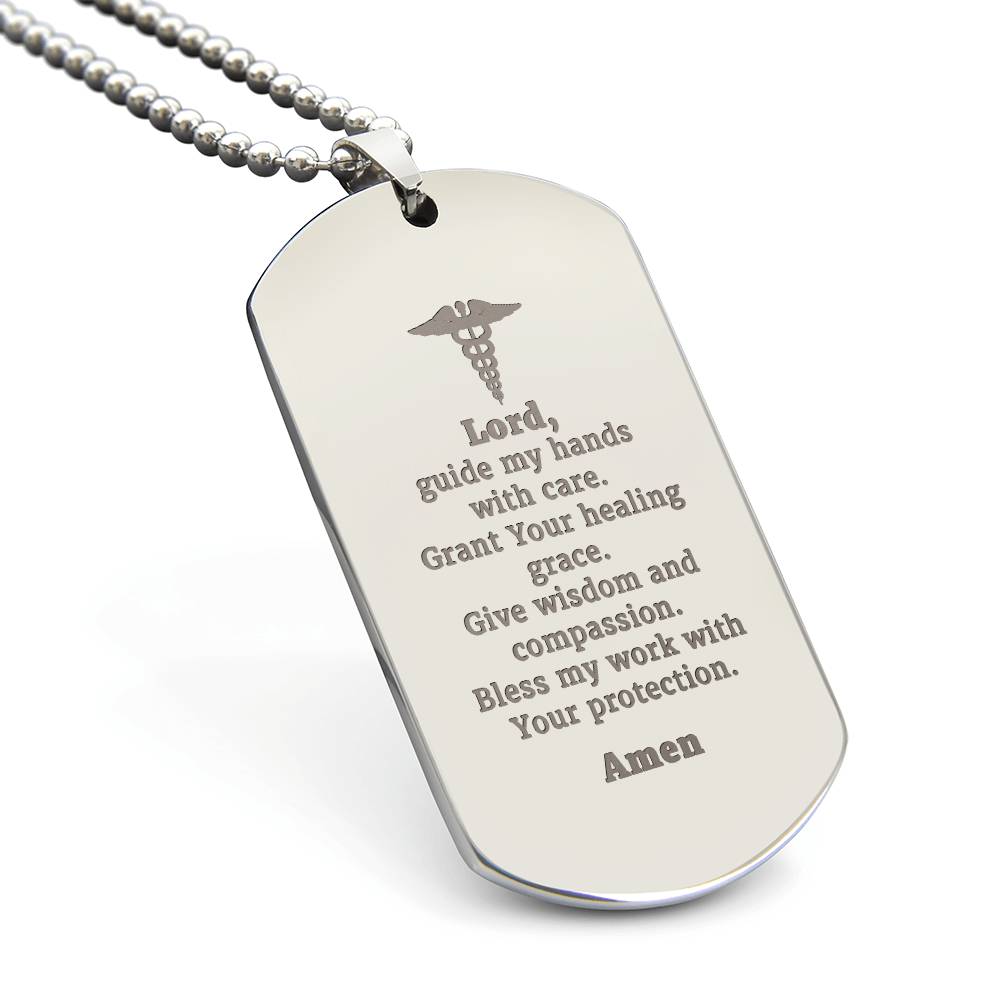 Doctors Prayer Engraved Dog Tag Bible Necklace Stainless Steel or 18k Gold w 24" Chain