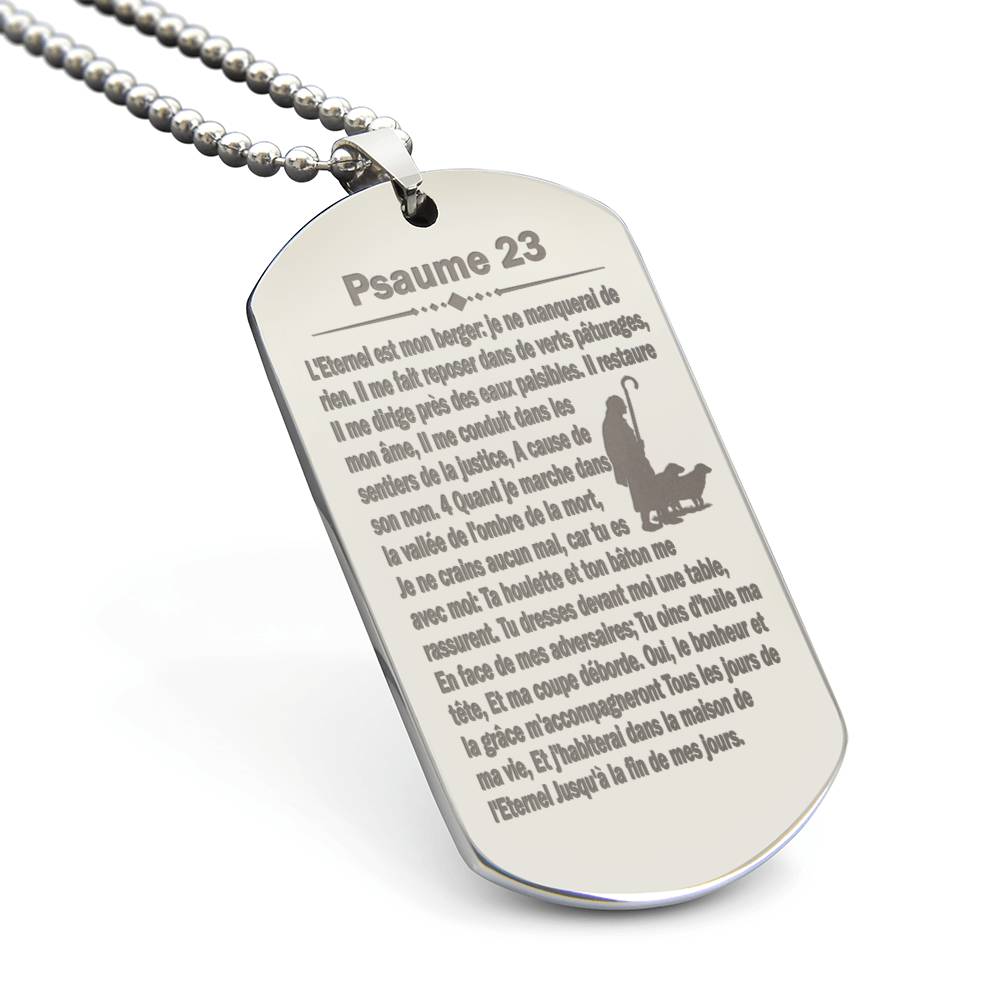 Psalm 23 French Psaume 23 Engraved Dog Tag Necklace Stainless Steel or 18k Gold w 24" Chain-Express Your Love Gifts