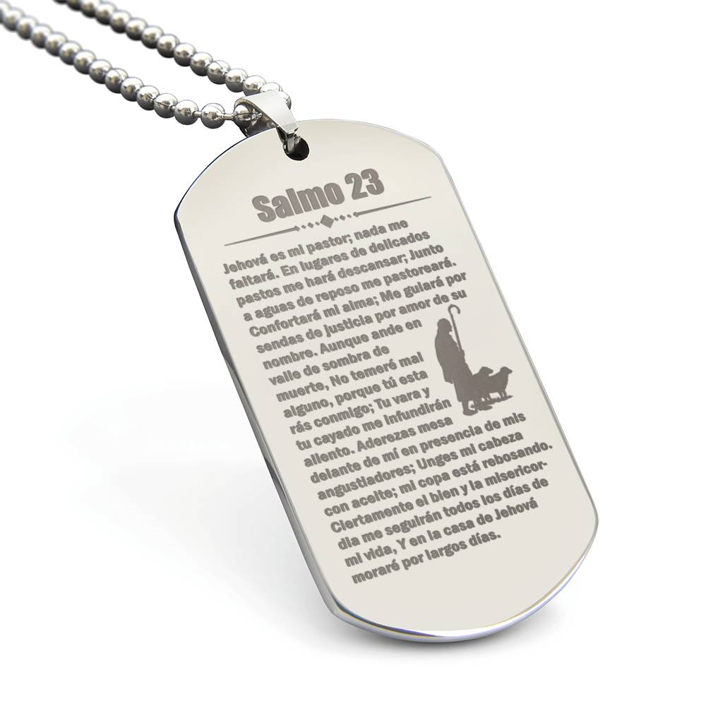 Psalm 23 Spanish Salmo 23 Engraved Dog Tag Necklace Stainless Steel or 18k Gold w 24" Chain-Express Your Love Gifts