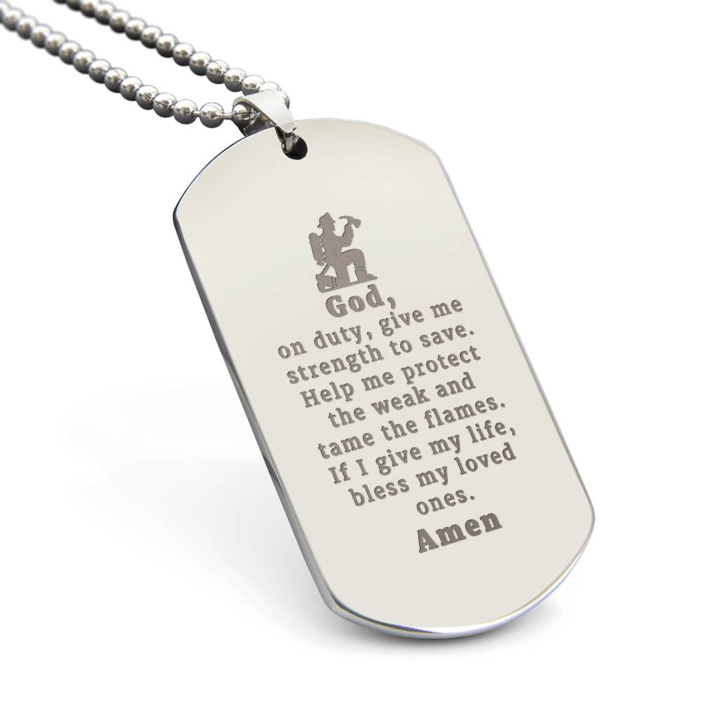 Firefighter's Prayer Engraved Dog Tag Bible Necklace Stainless Steel or 18k Gold w 24" Chain
