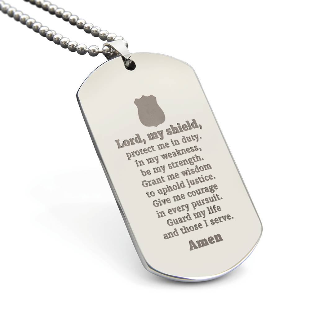 Police Prayer Badge Engraved Dog Tag Bible Necklace Stainless Steel or 18k Gold w 24" Chain