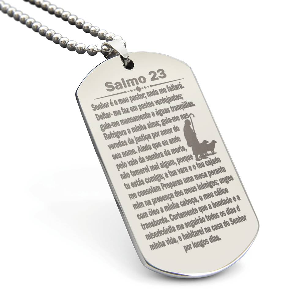 Psalm 23 Portuguese Salmo 23 Engraved Dog Tag Necklace Stainless Steel or 18k Gold w 24" Chain-Express Your Love Gifts