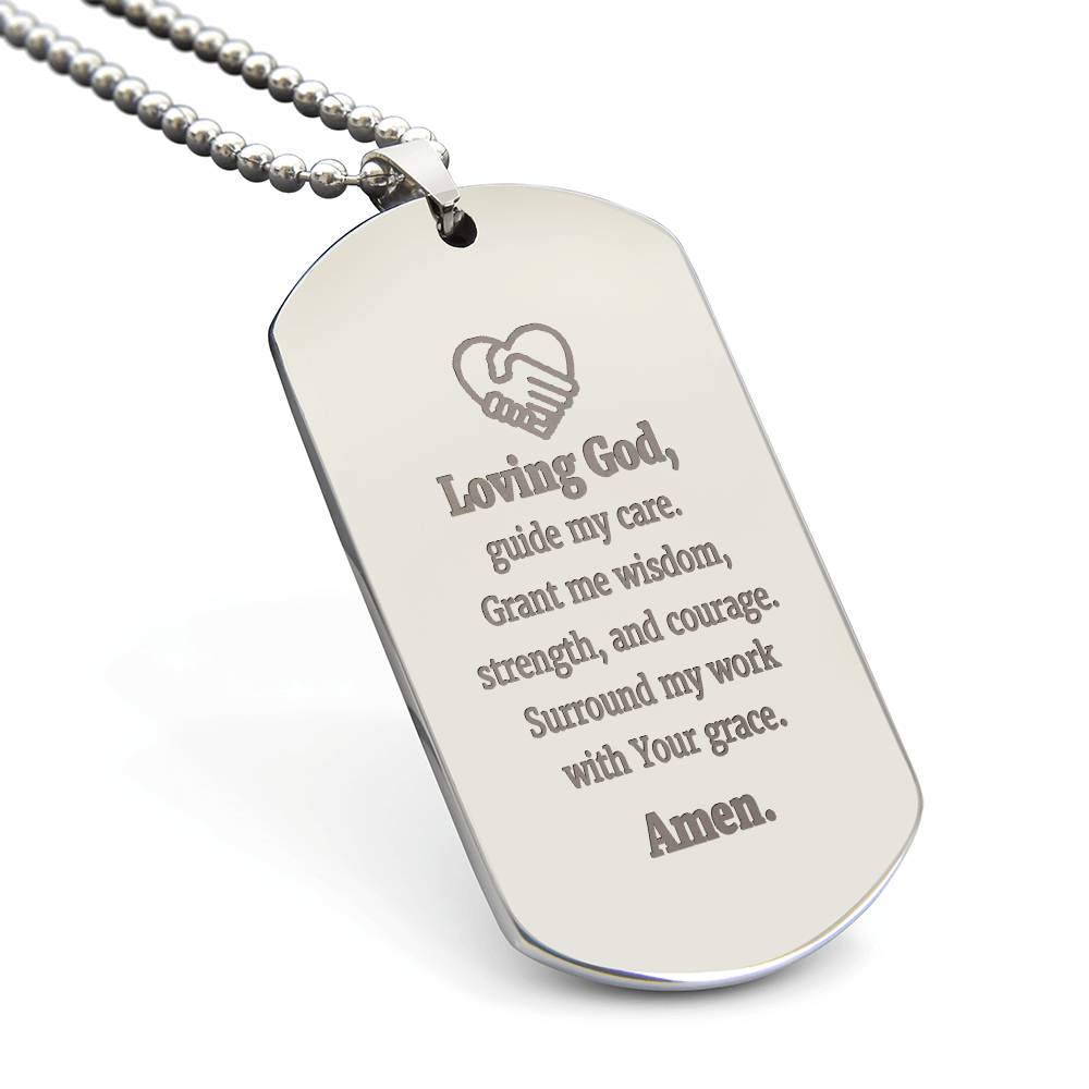 Social Workers Prayer Engraved Dog Tag Bible Necklace Stainless Steel or 18k Gold w 24" Chain