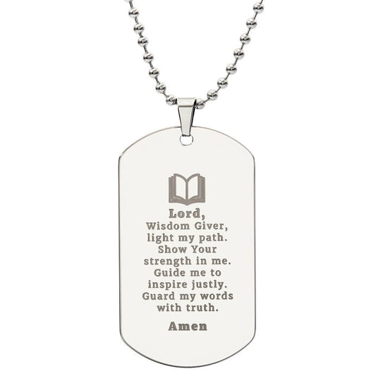 Teachers Prayer Engraved Dog Tag Bible Necklace Stainless Steel or 18k Gold w 24" Chain