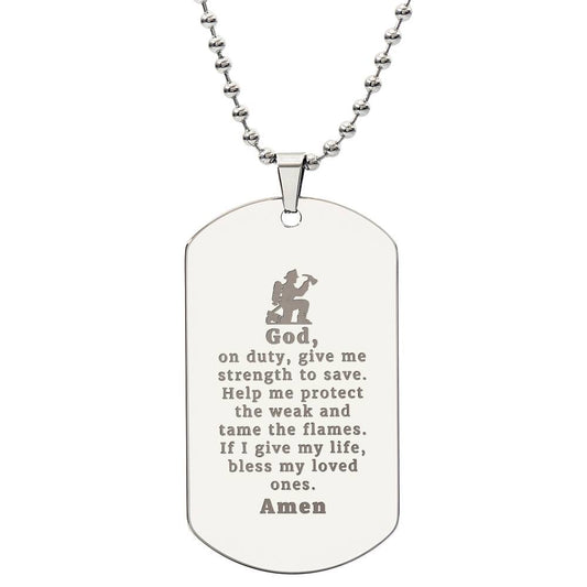 Firefighter's Prayer Engraved Dog Tag Bible Necklace Stainless Steel or 18k Gold w 24" Chain