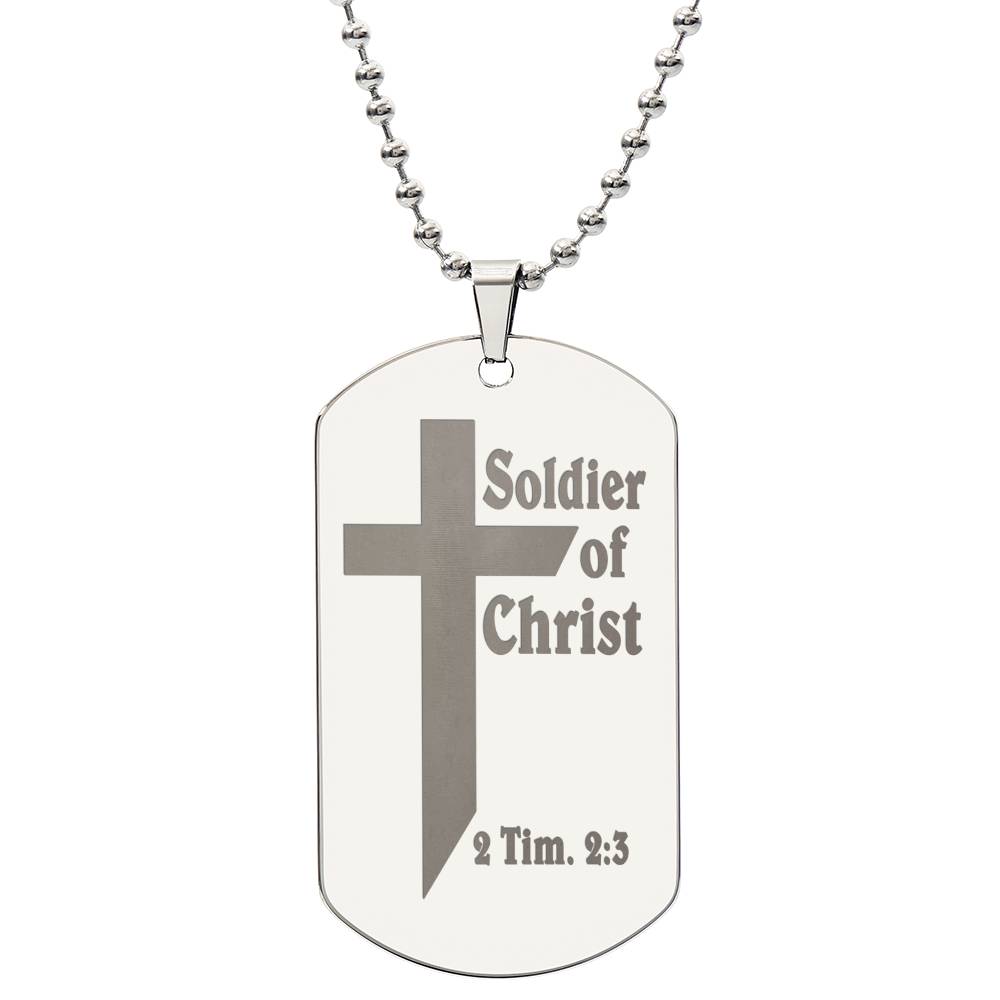 Soldier of Christ 2 Tim 2 3 Engraved Dog Tag Necklace Stainless Steel or 18k Gold w 24" Chain-Express Your Love Gifts