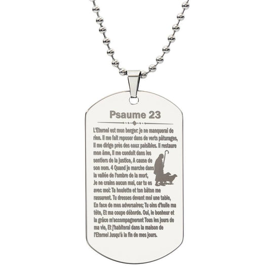Psalm 23 French Psaume 23 Engraved Dog Tag Necklace Stainless Steel or 18k Gold w 24" Chain-Express Your Love Gifts