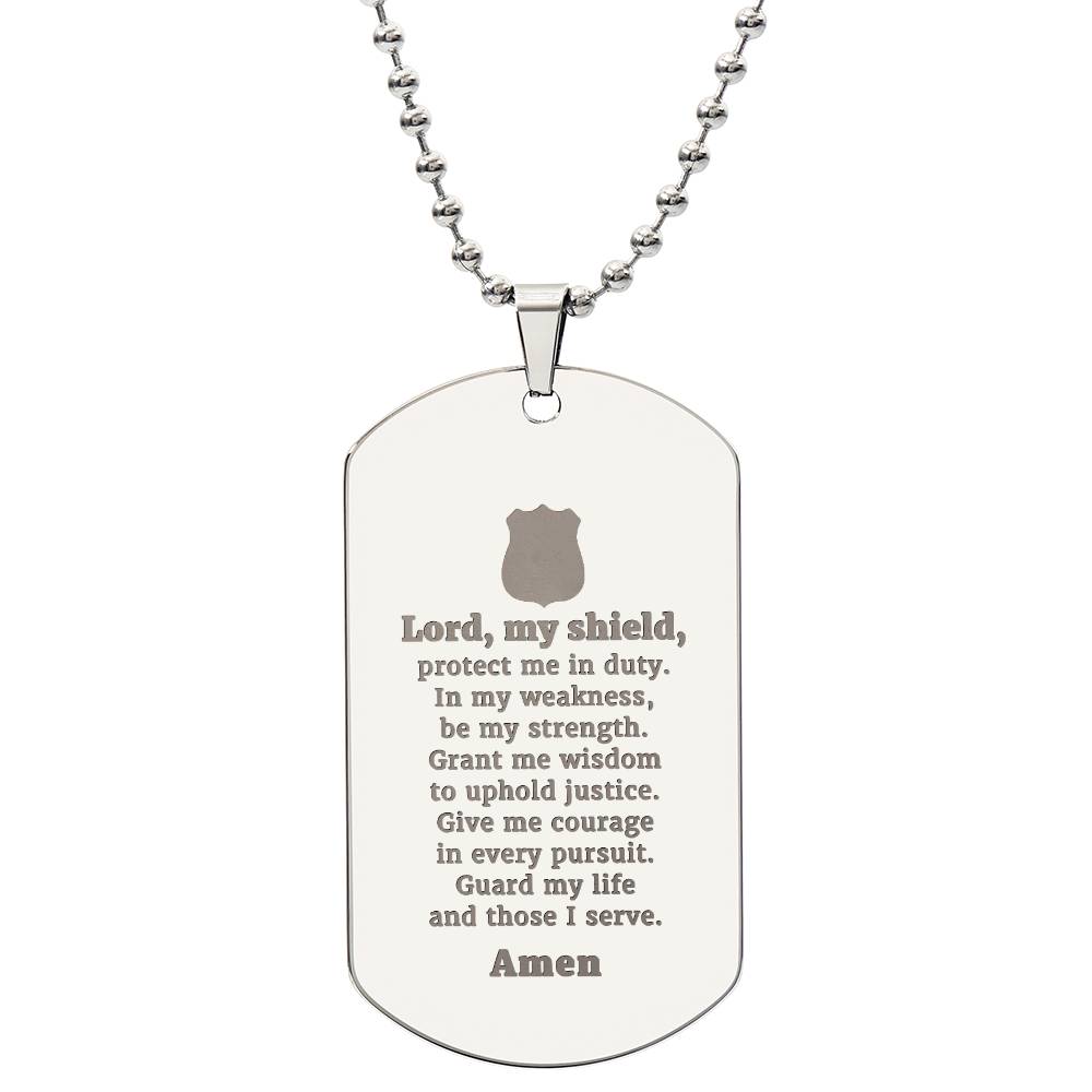 Police Prayer Badge Engraved Dog Tag Bible Necklace Stainless Steel or 18k Gold w 24" Chain