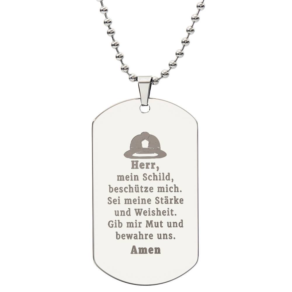 Feuerwehrmann German Firefighter Prayer Engraved Dog Tag Bible Necklace Stainless Steel or 18k Gold w 24" Chain