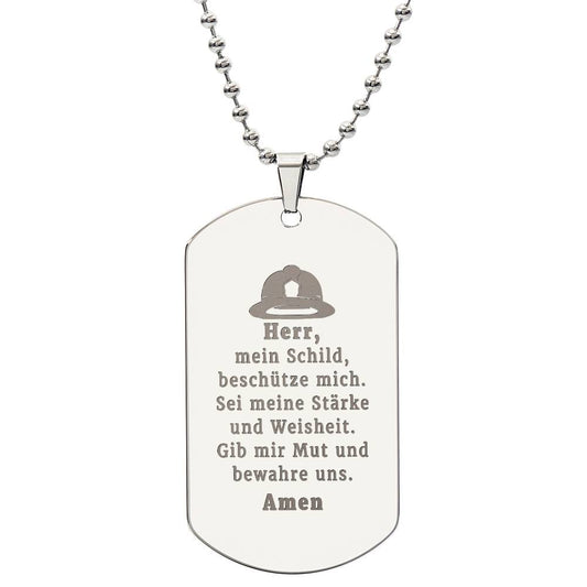 Feuerwehrmann German Firefighter Prayer Engraved Dog Tag Bible Necklace Stainless Steel or 18k Gold w 24" Chain