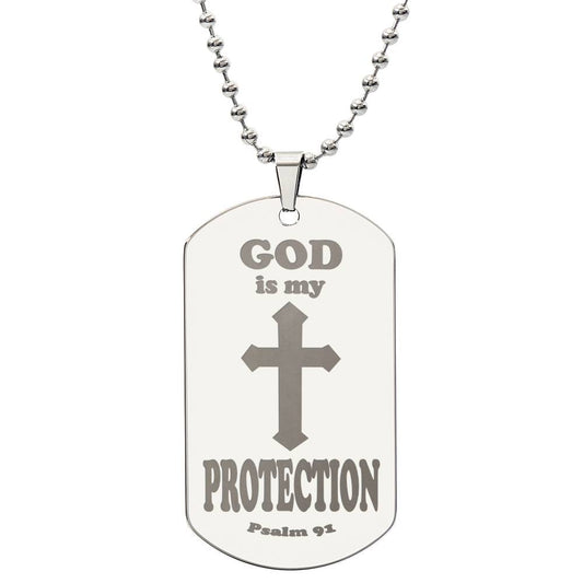 God is My Protection Psalm 91 Engraved Dog Tag Necklace Stainless Steel or 18k Gold w 24" Chain-Express Your Love Gifts