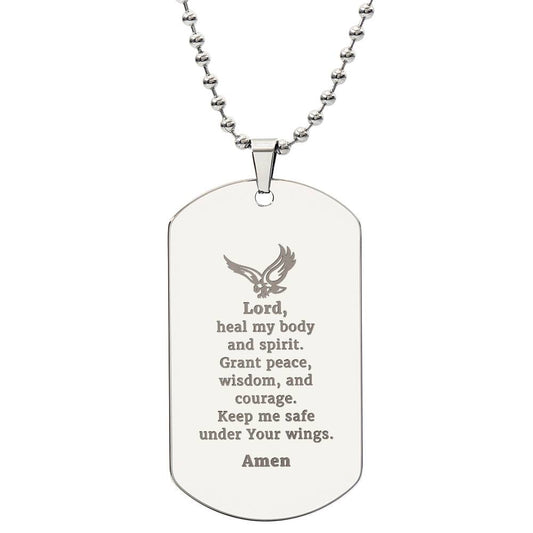 Veterans Prayer Engraved Dog Tag Bible Necklace Stainless Steel or 18k Gold w 24" Chain