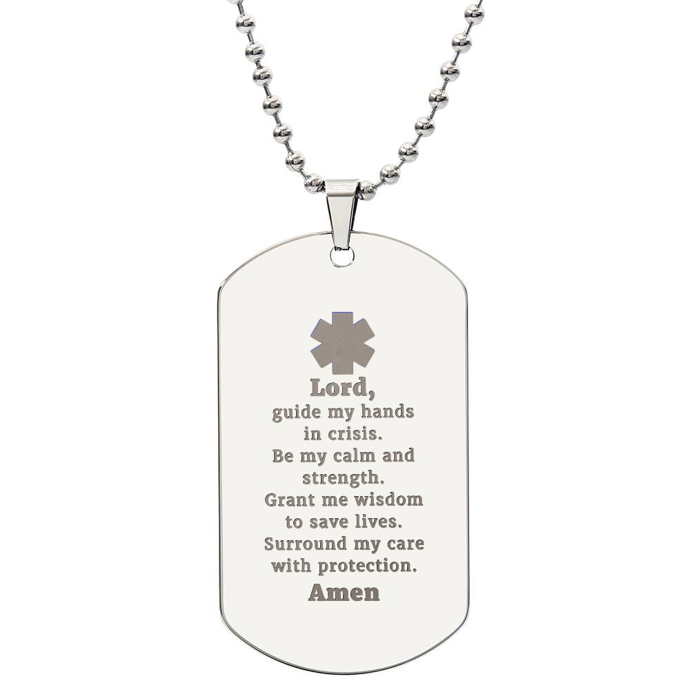 EMT Prayer Engraved Dog Tag Bible Necklace Stainless Steel or 18k Gold w 24" Chain