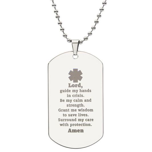 EMT Prayer Engraved Dog Tag Bible Necklace Stainless Steel or 18k Gold w 24" Chain