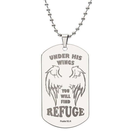 Psalm 91 Refuge Under His Wings Engraved Dog Tag Necklace Stainless Steel or 18k Gold w 24" Chain-Express Your Love Gifts