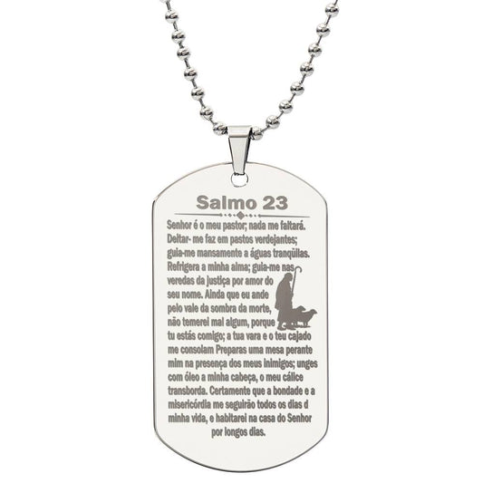 Psalm 23 Portuguese Salmo 23 Engraved Dog Tag Necklace Stainless Steel or 18k Gold w 24" Chain-Express Your Love Gifts