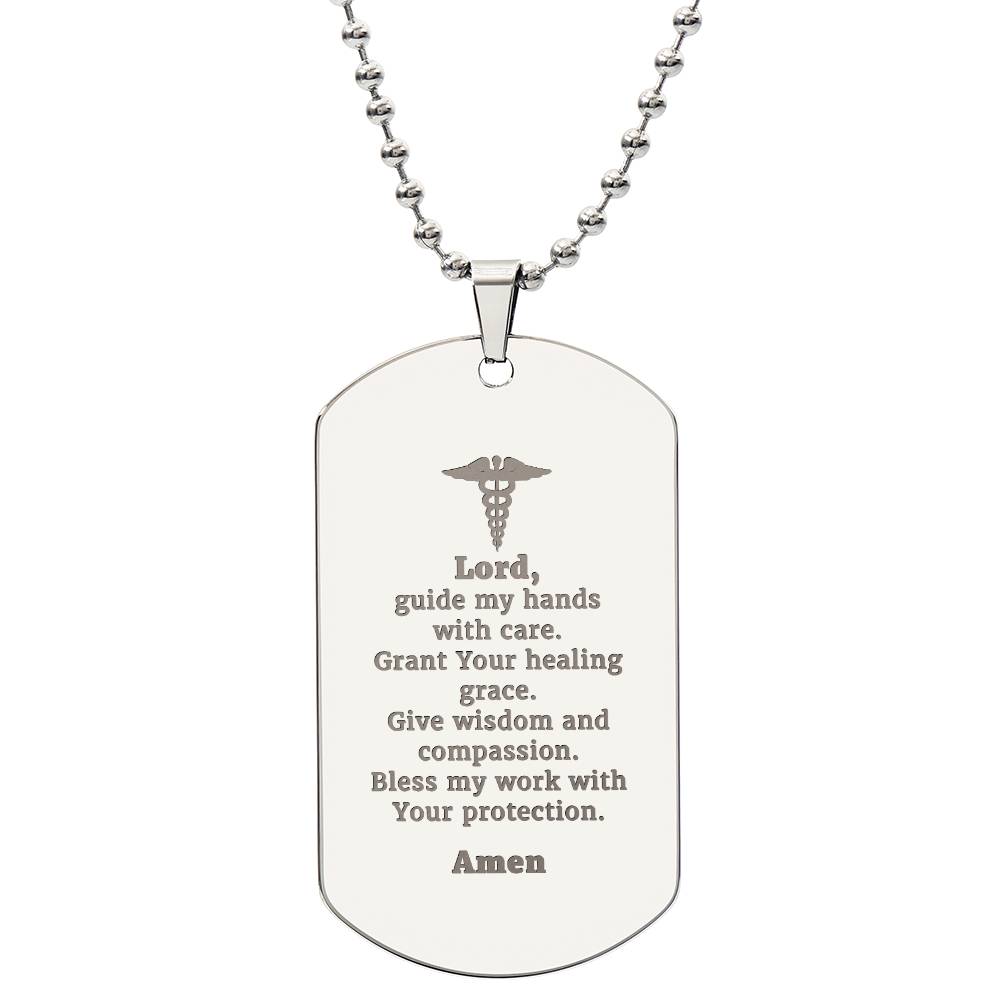 Doctors Prayer Engraved Dog Tag Bible Necklace Stainless Steel or 18k Gold w 24" Chain