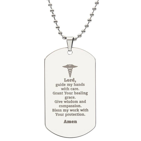 Doctors Prayer Engraved Dog Tag Bible Necklace Stainless Steel or 18k Gold w 24" Chain