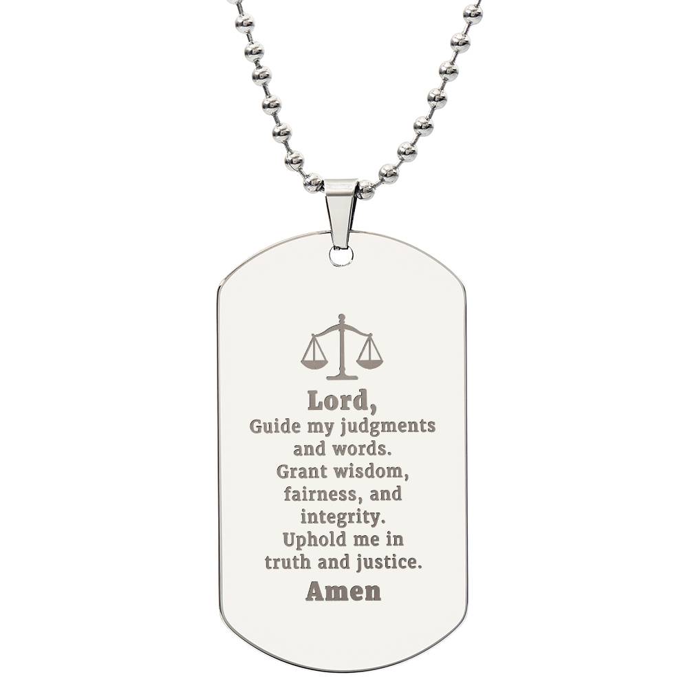Judge and Lawyers Prayer Engraved Dog Tag Bible Necklace Stainless Steel or 18k Gold w 24" Chain