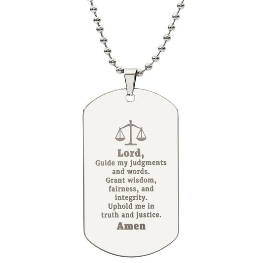 Judge and Lawyers Prayer Engraved Dog Tag Bible Necklace Stainless Steel or 18k Gold w 24" Chain
