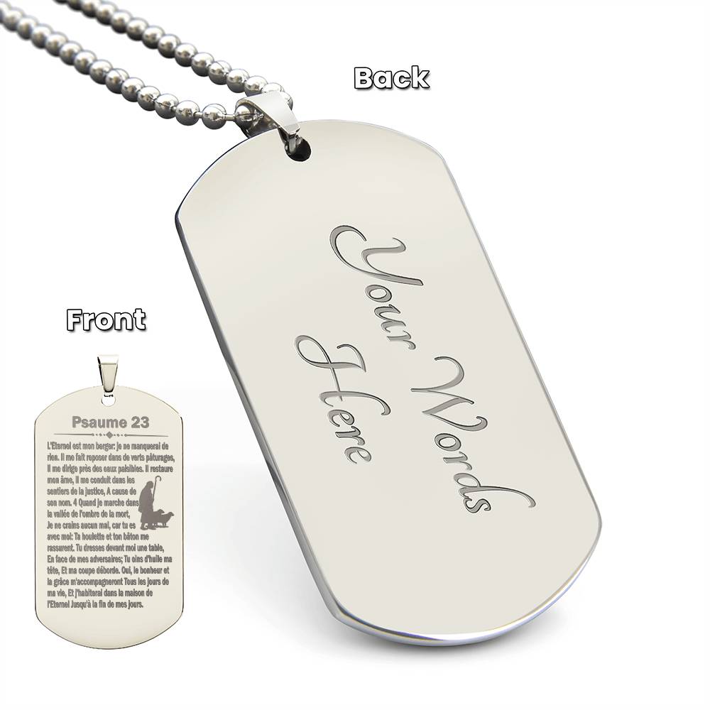 Psalm 23 French Psaume 23 Engraved Dog Tag Necklace Stainless Steel or 18k Gold w 24" Chain-Express Your Love Gifts