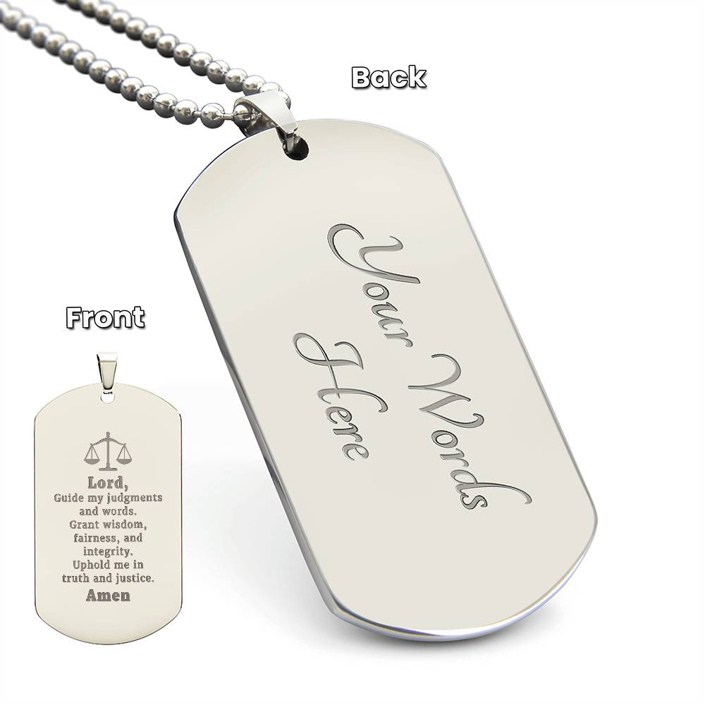 Judge and Lawyers Prayer Engraved Dog Tag Bible Necklace Stainless Steel or 18k Gold w 24" Chain