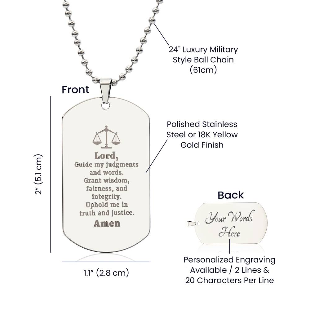 Judge and Lawyers Prayer Engraved Dog Tag Bible Necklace Stainless Steel or 18k Gold w 24" Chain