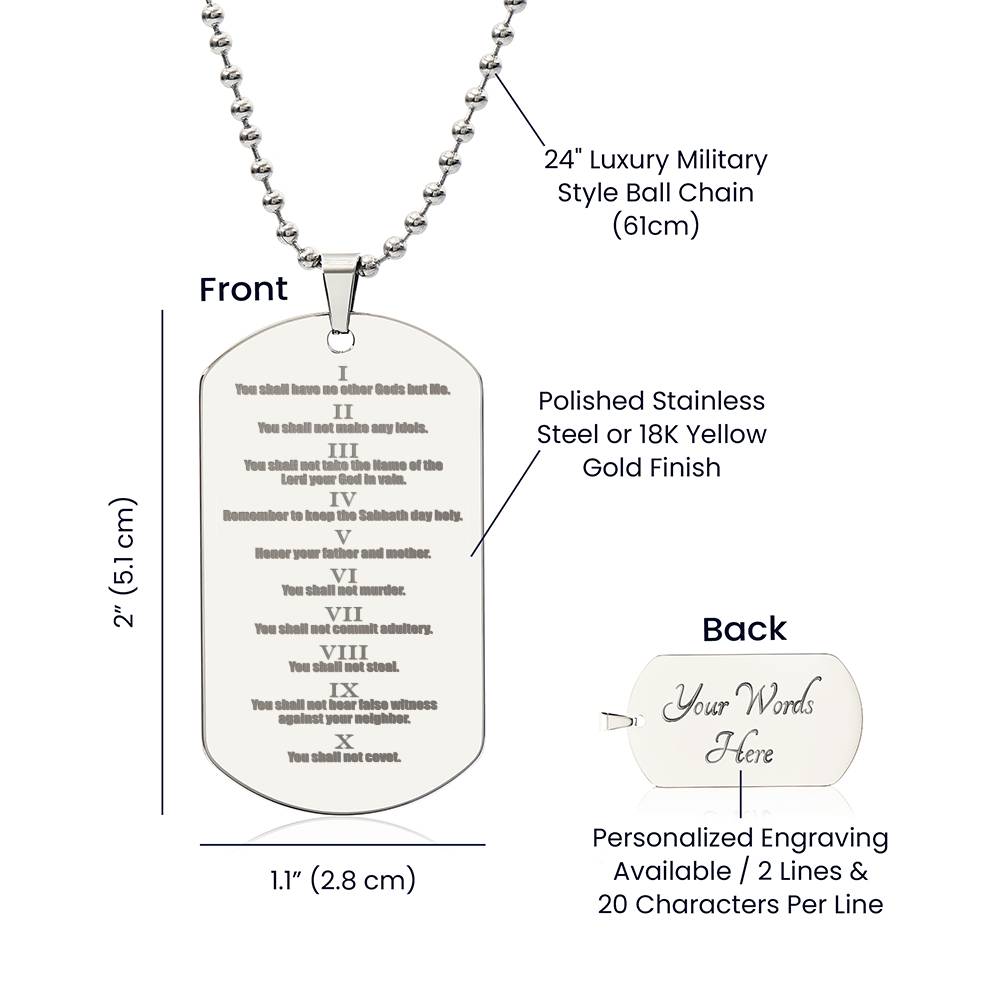 Ten Commandments English Engraved Dog Tag Necklace Stainless Steel or 18k Gold w 24" Chain-Express Your Love Gifts